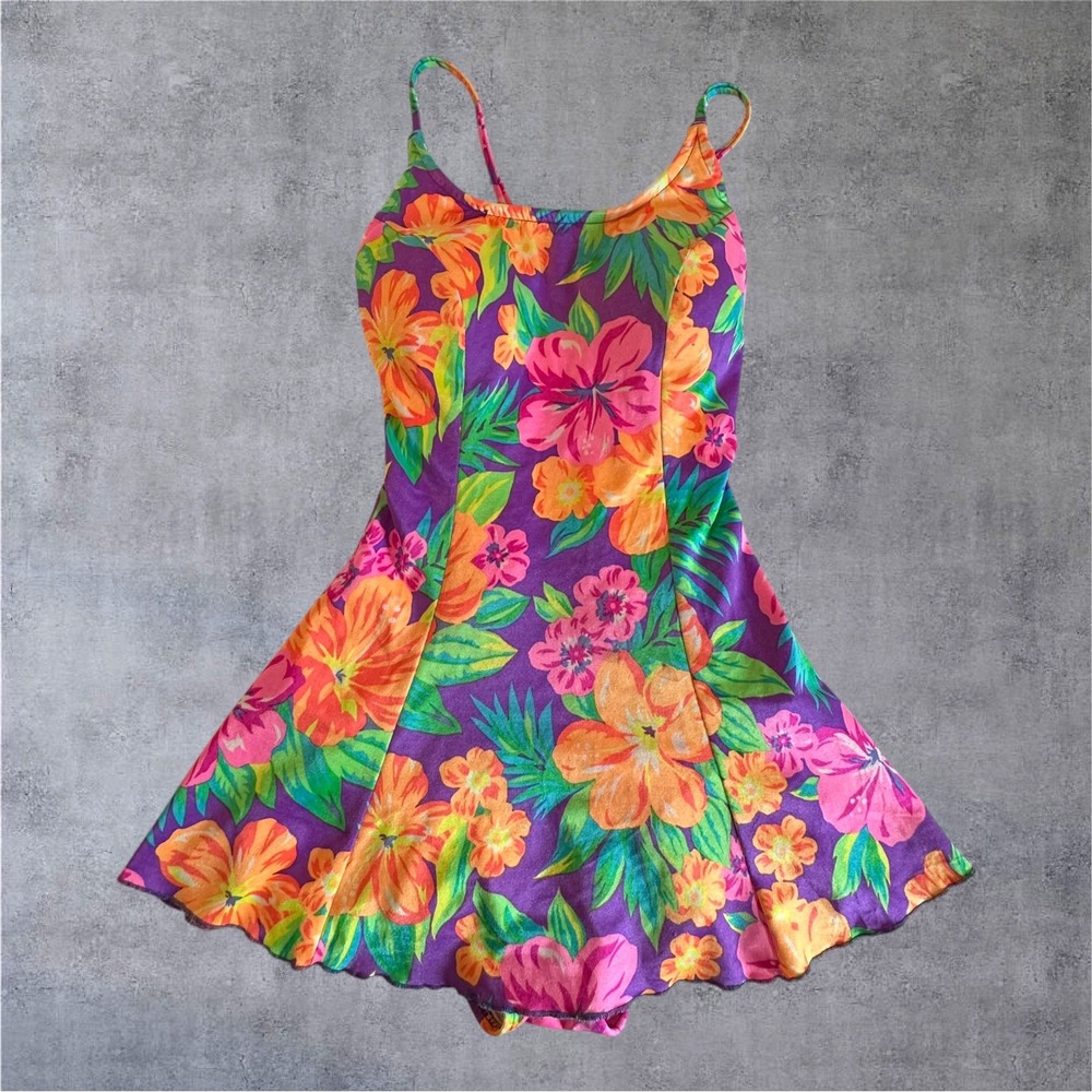 Seascamp Swim Dress Womens 8 Purple Floral Vintage 90s Tropical One Piece S625